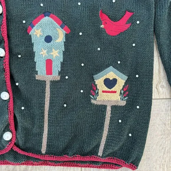 Vintage Womens Winter Sweater Size M Christmas Green 90s Beaded Hand Embroidered - Picture 4 of 13